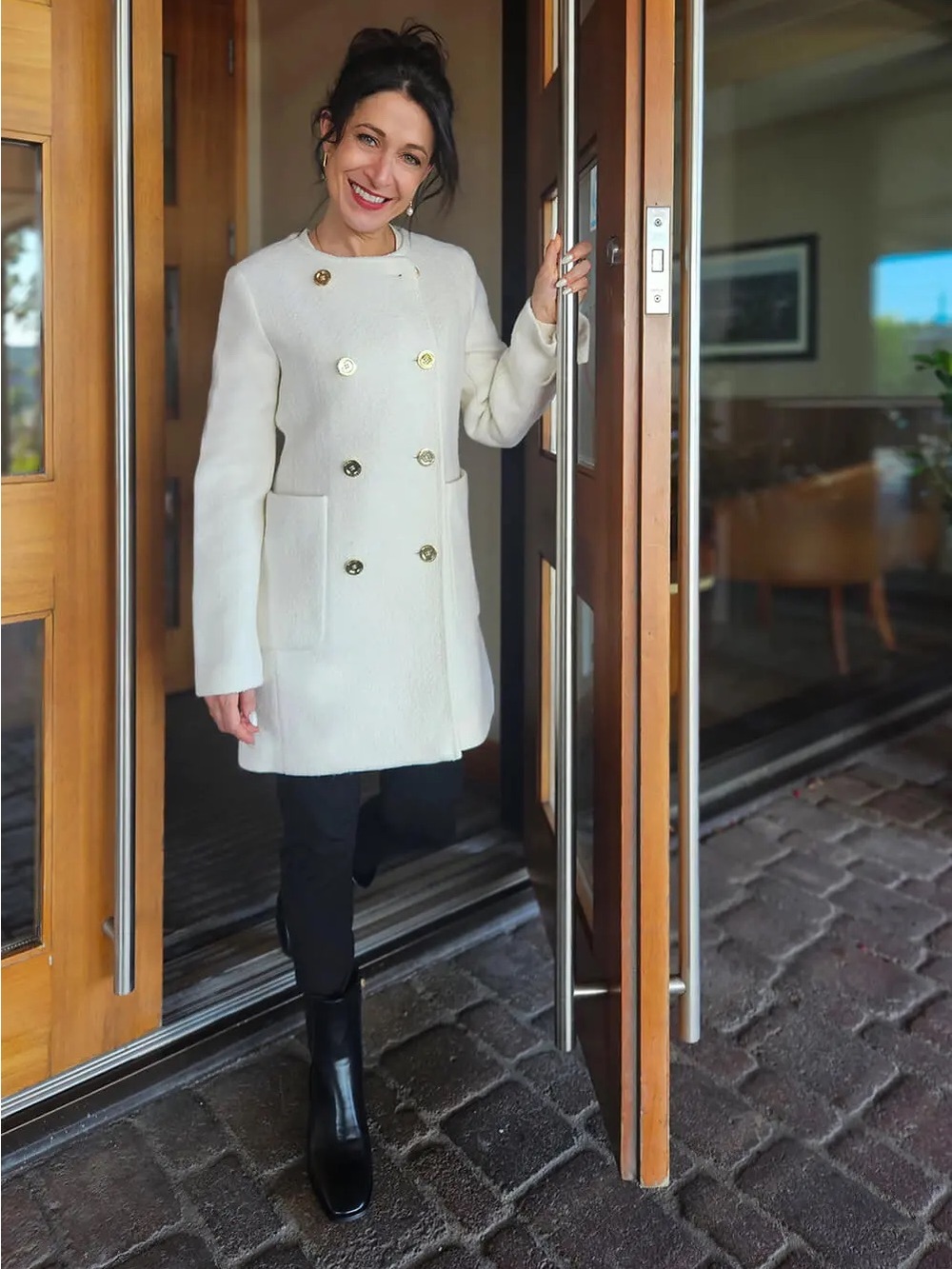 Michael Kors Cream Double-Breasted Wool Pea Coat with Gold Buttons